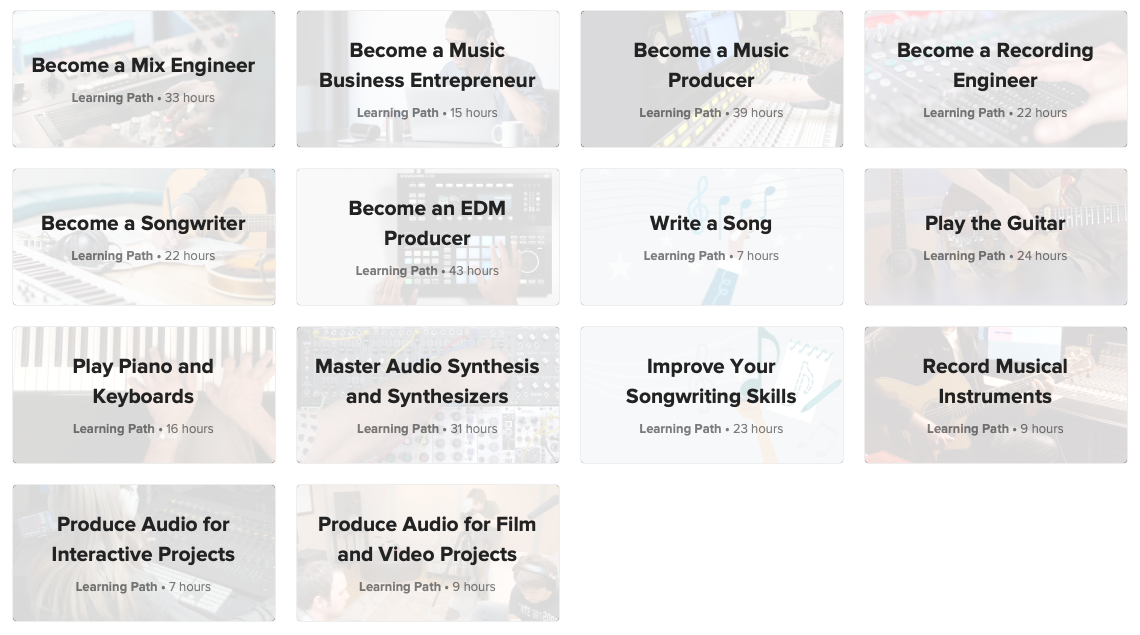 Screenshot of Audio + Music learning paths on lynda.com.