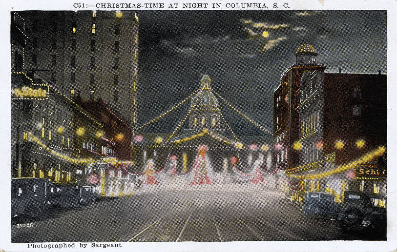 Christmas-time at night in Columbia, S.C. postcard 1933