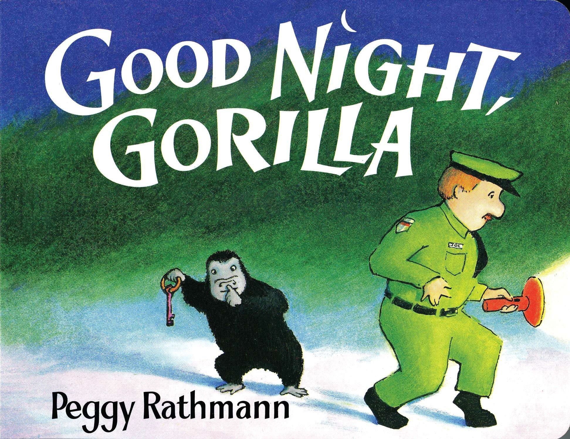 Cover of Good Night, Gorilla | A white male zookeeper is tiptoeing to the right.  He has red hair and a mustache in addition to a red flashlight that is turned on.  The zookeeper is dressed in green.  A small gorilla is behind the zookeeper.  This gorilla holds the keys of the zookeeper and puts a finger to their lips asking the reader to be silent.  