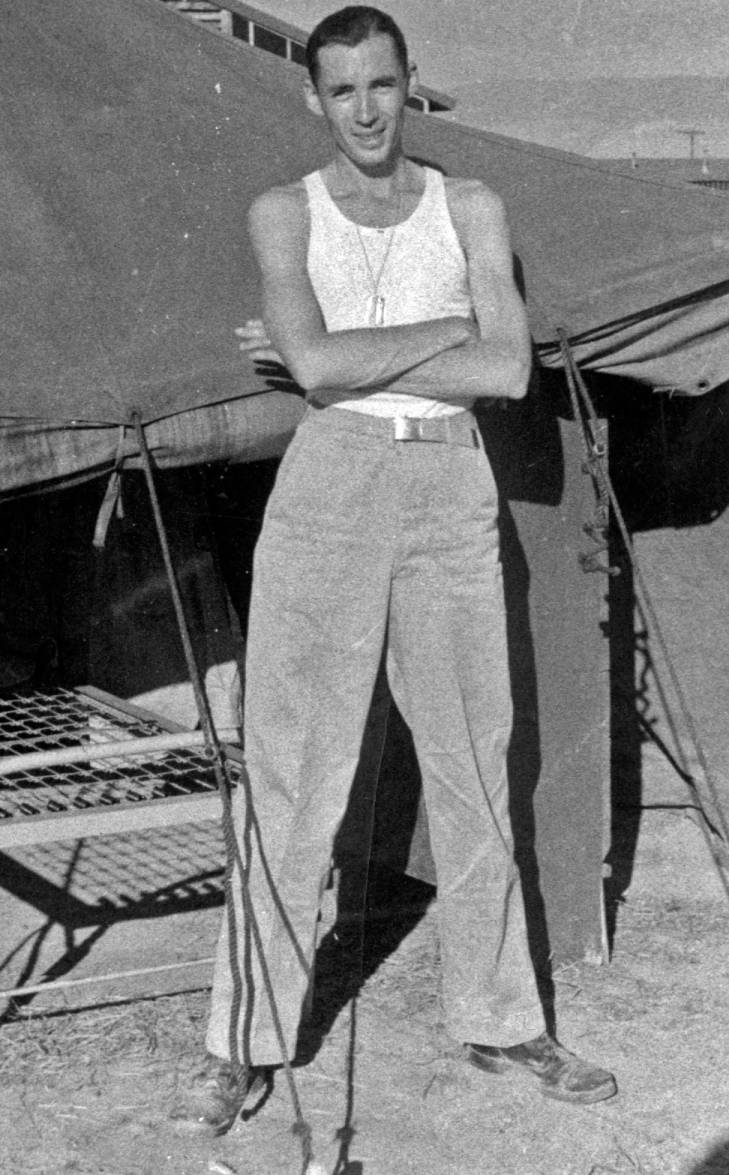 Bill Hamson by tent at Columbia Army Air Base, 1942