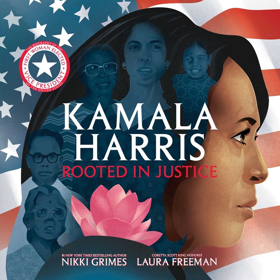 Kamala Harris profile in front of American flag