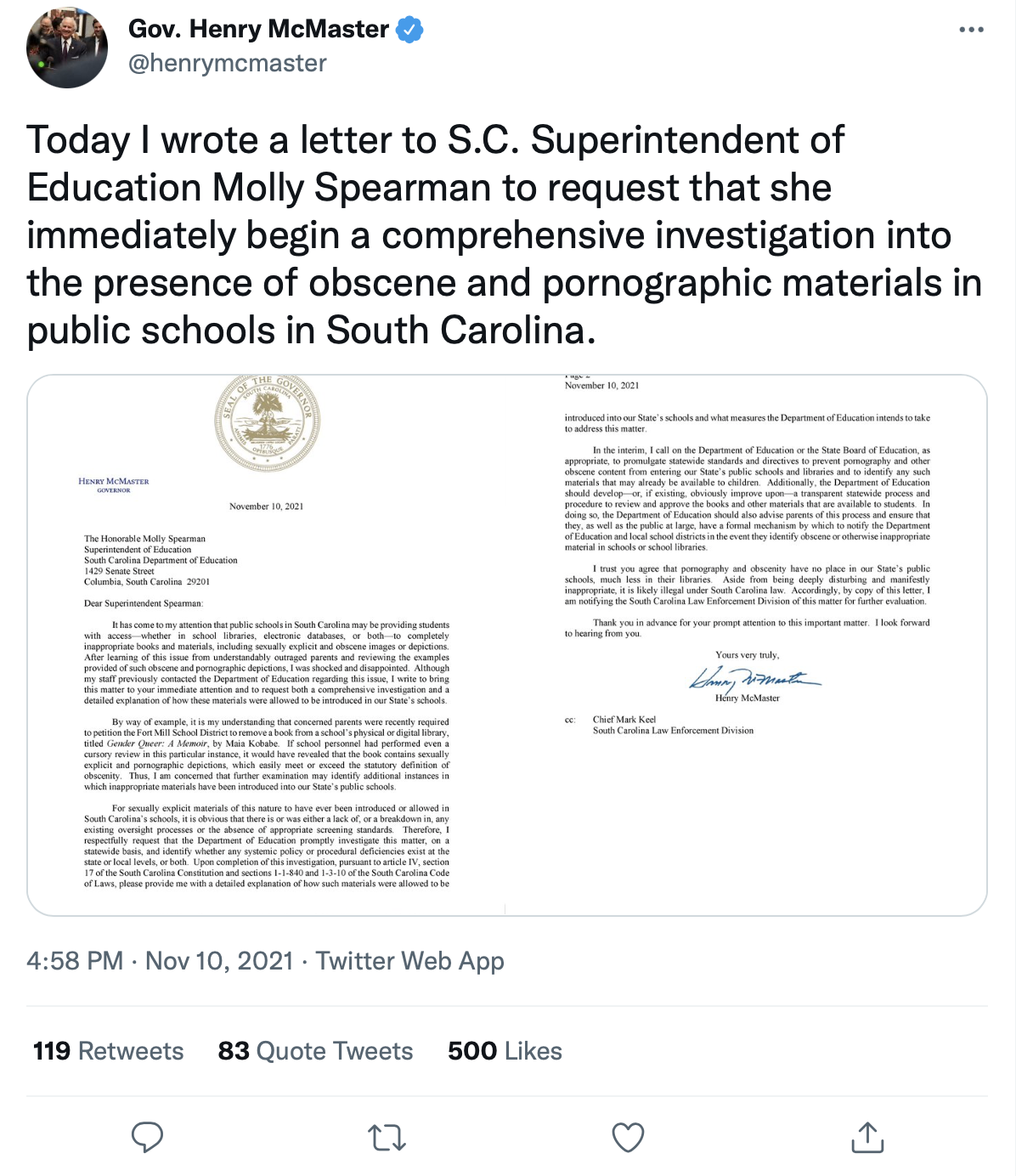 McMaster twitter post about investigating pornographic school materials