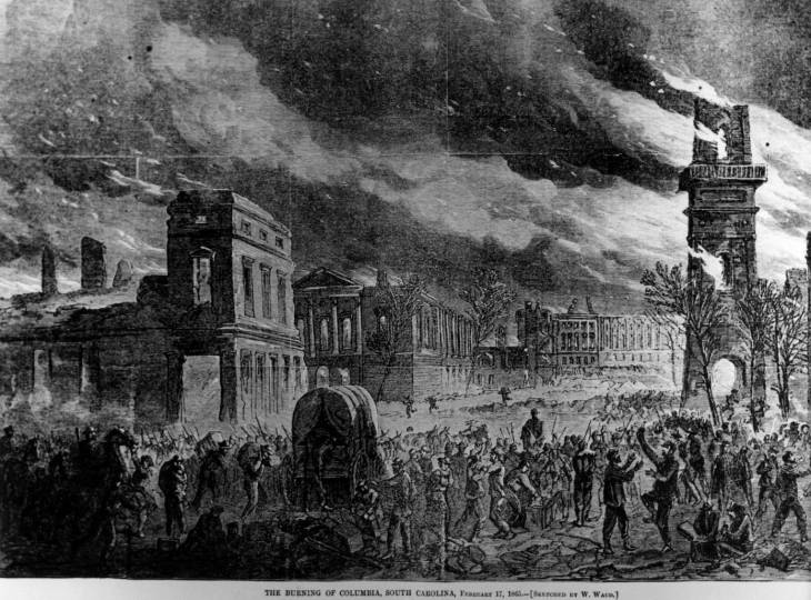 The Burning of Columbia, South Carolina, February 11, 1865. Lithograph from Harper's Weekly, sketched by William Waud.