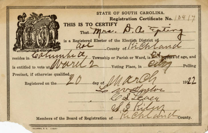 Voters Registration Card for Mrs. Annie Epting 1922