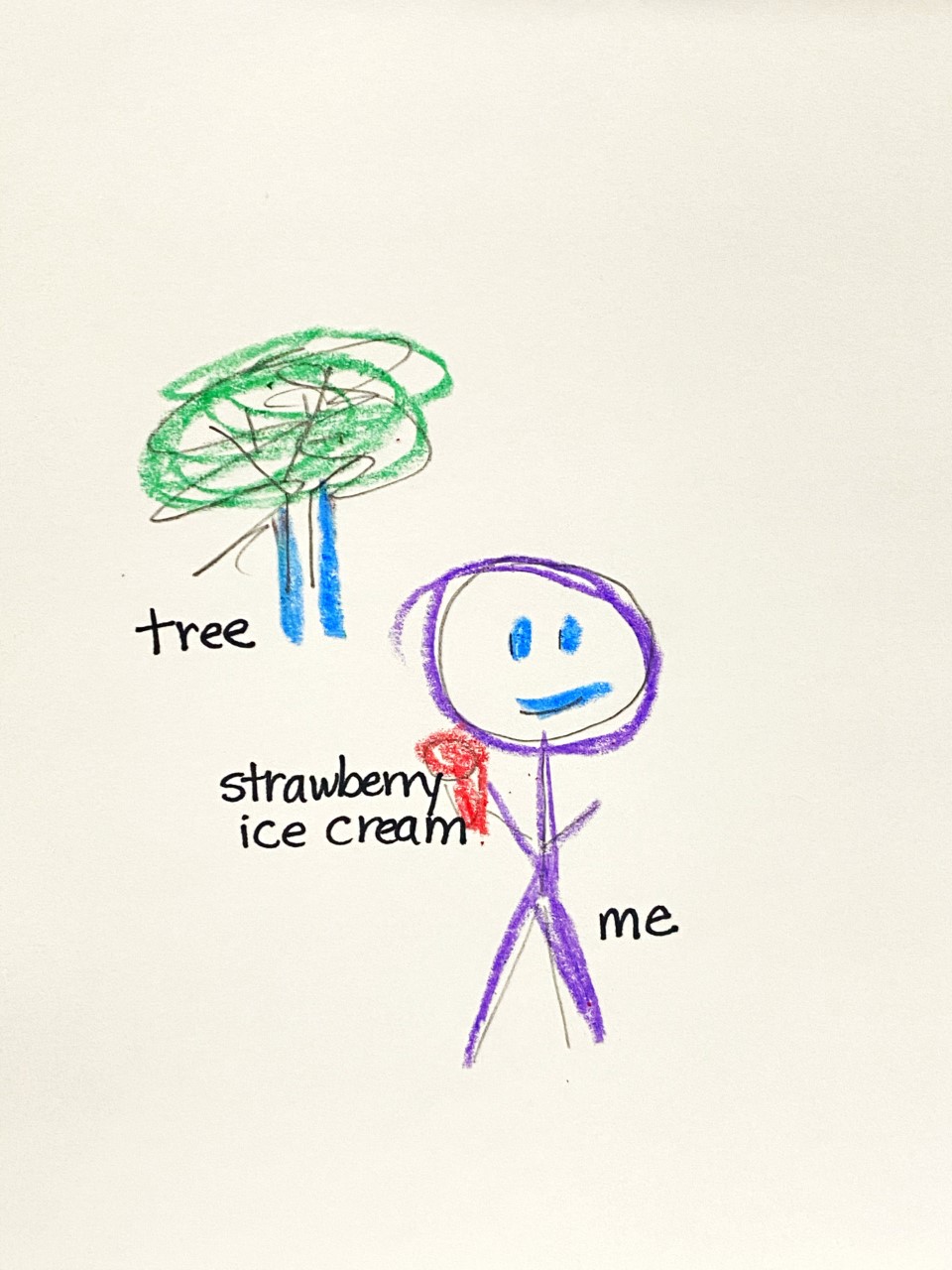 a child's drawing with labels or captions written in