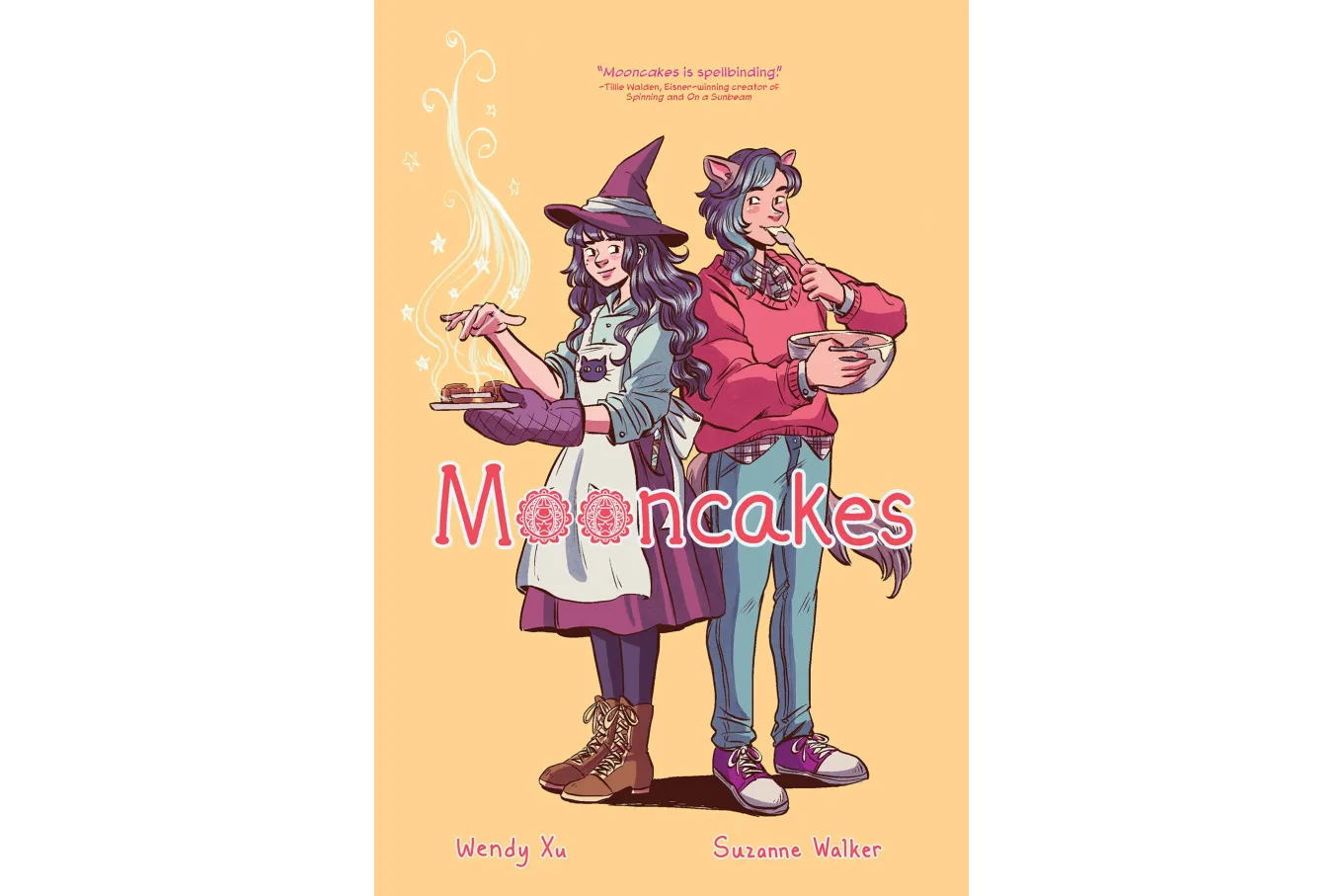 Witch and a werewolf standing sholuder to shoulder. which has a baking sheet in her hand and the werewolf is hold a mixing bowl licking bater of the spoon