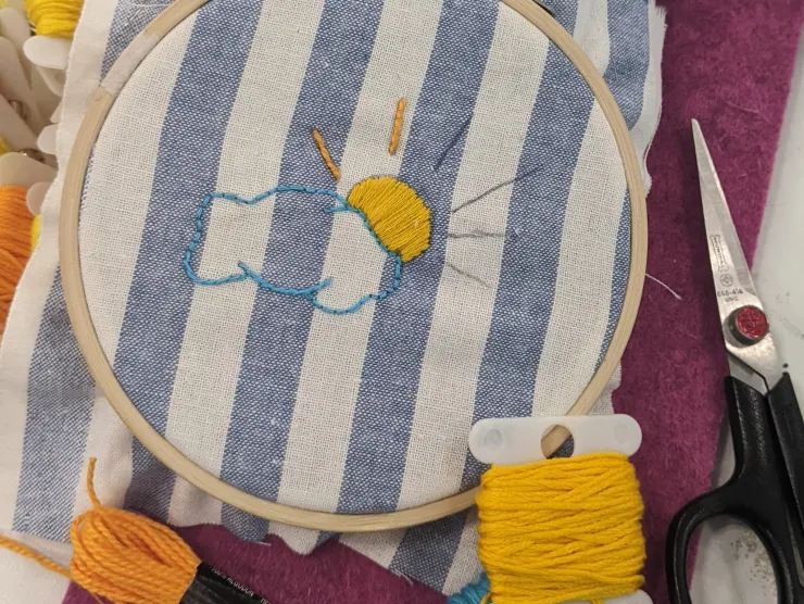 An embroidery hoop is surrounded by embroidery floss and sewing tools. In the hoop is a piece of fabric embroidered with the sun and a cloud.