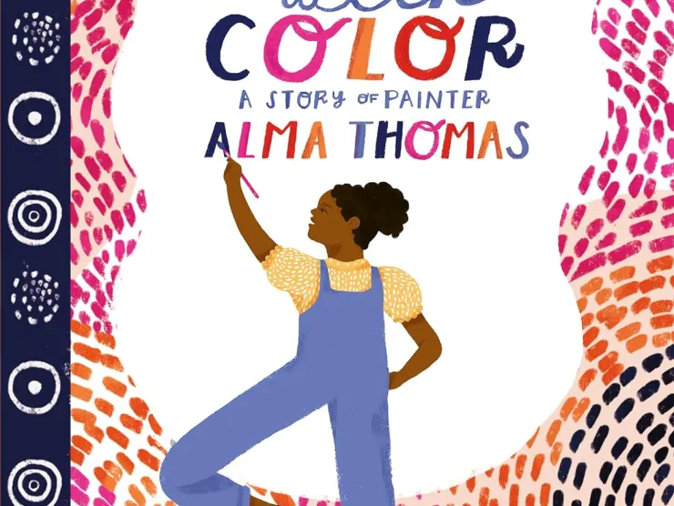 Cover of Ablaze with Color:  A Story of Painter Alma Thomas.  Geometric shapes in white cover a navy stripe on the left of the cover.  Small stripes of orange, pink or navy swirl around the cover.  A young Black woman is painting the title words.  She wears blue overalls, a short-sleeve yellow top and black flats.  