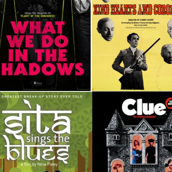 Posters for What We Do in the Shadows, Kind Hearts and Coronets, Clue, and Sita Sings the Blues