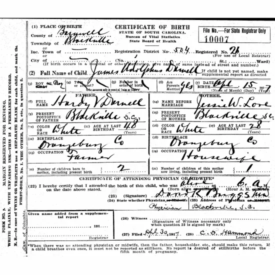 Image of historic birth certificate for James Adolphus Darnell with details about his birth written in by the doctor.