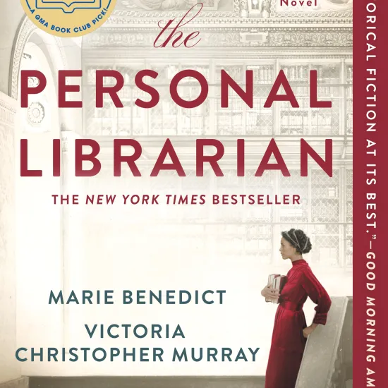 The book cover of The Personal Librarian. Woman in red dress stands to the right side of a set of stairs in a historical building. The title is centered on the page and a red stripe runs down the right edge of the book. 