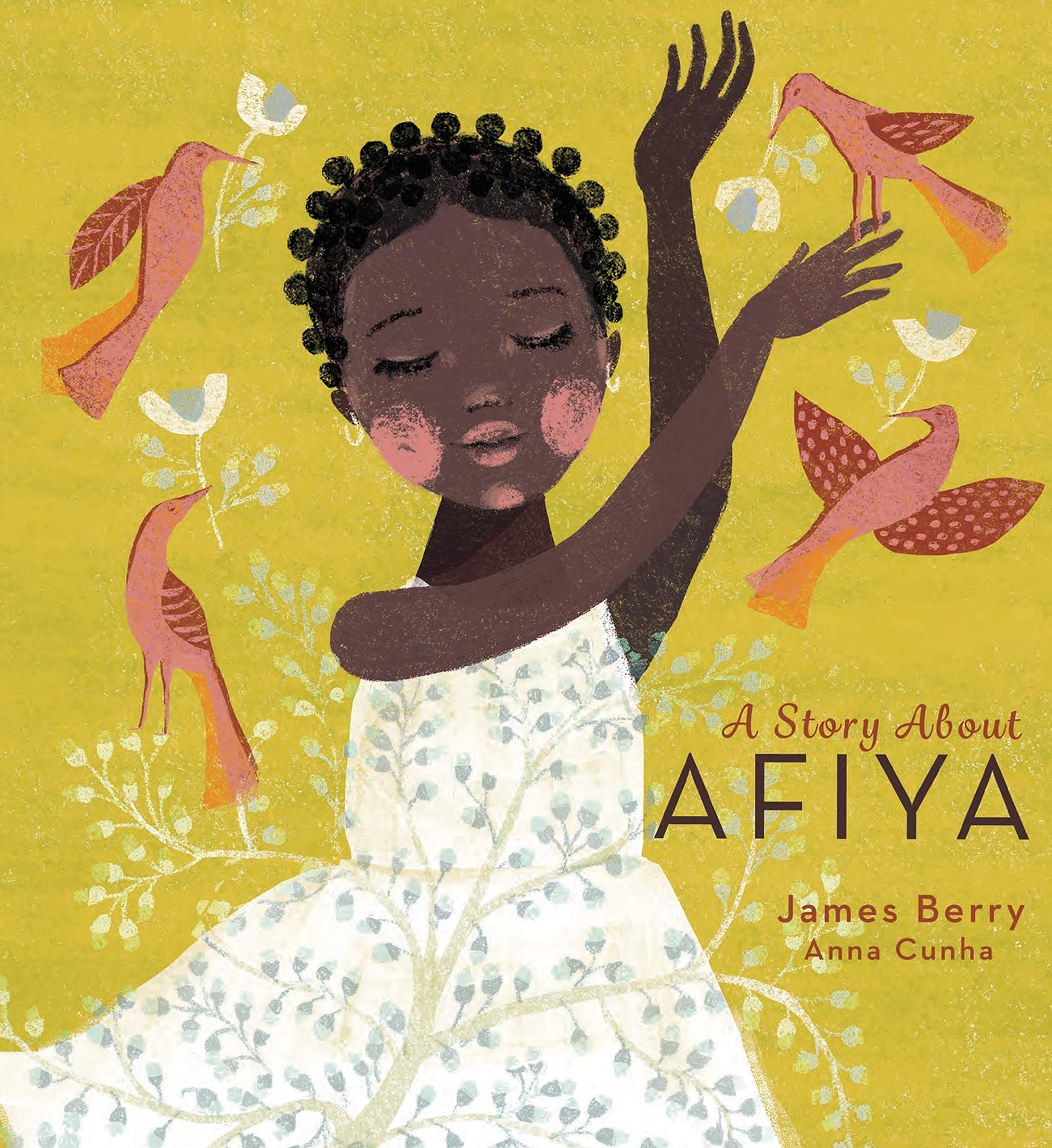 Image of a young black girl with arms gracefully stretched to the sky surrounded by red and pink birds with a white dress overlaid by leaves and branches