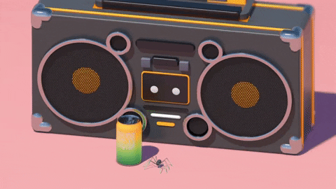 animated boombox with soda can and spider