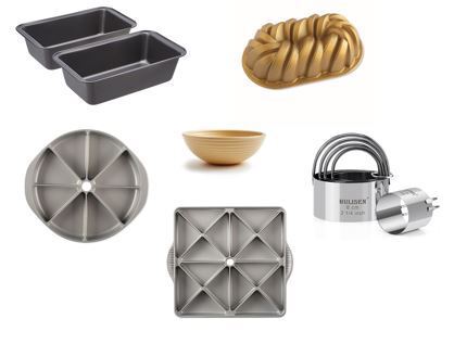The image is of examples of the contents of the Bread and Scone Kit: 2 loaf pans, 1 braided loaf pan, 1 yellow proofing bow, 1 set of biscuit cutters, 1 scone pan, and 1 mini-scone pan
