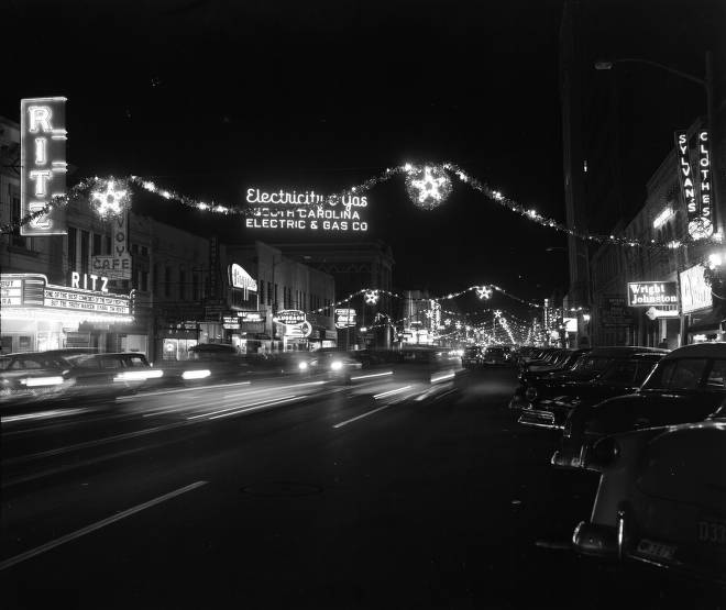 Christmas lights on Main Street, 1956