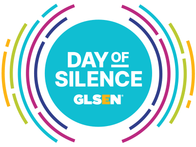Day of Silence Logo with Day of Silence GLSEN in a blue circle with rainbow circles amplifying the silence