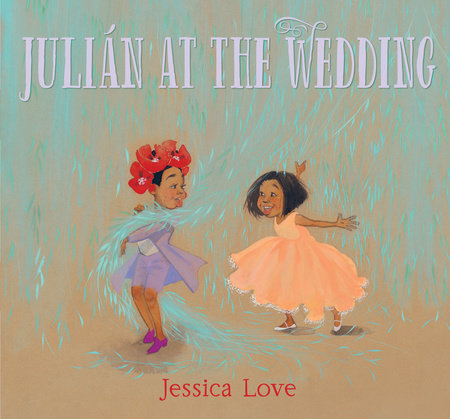 Front cover of Julián at the Wedding | A young Afro-Latino boy wears a red flower headpiece, a purple jacket, matching shorts and purple shoes.  He has the branches of a weeping willow draped over his shoulder.  He is looking and smiling at a young Afro-Latina girl who is wearing a peach formal dress and white shoes.  The girl is smiling back at the boy.  
