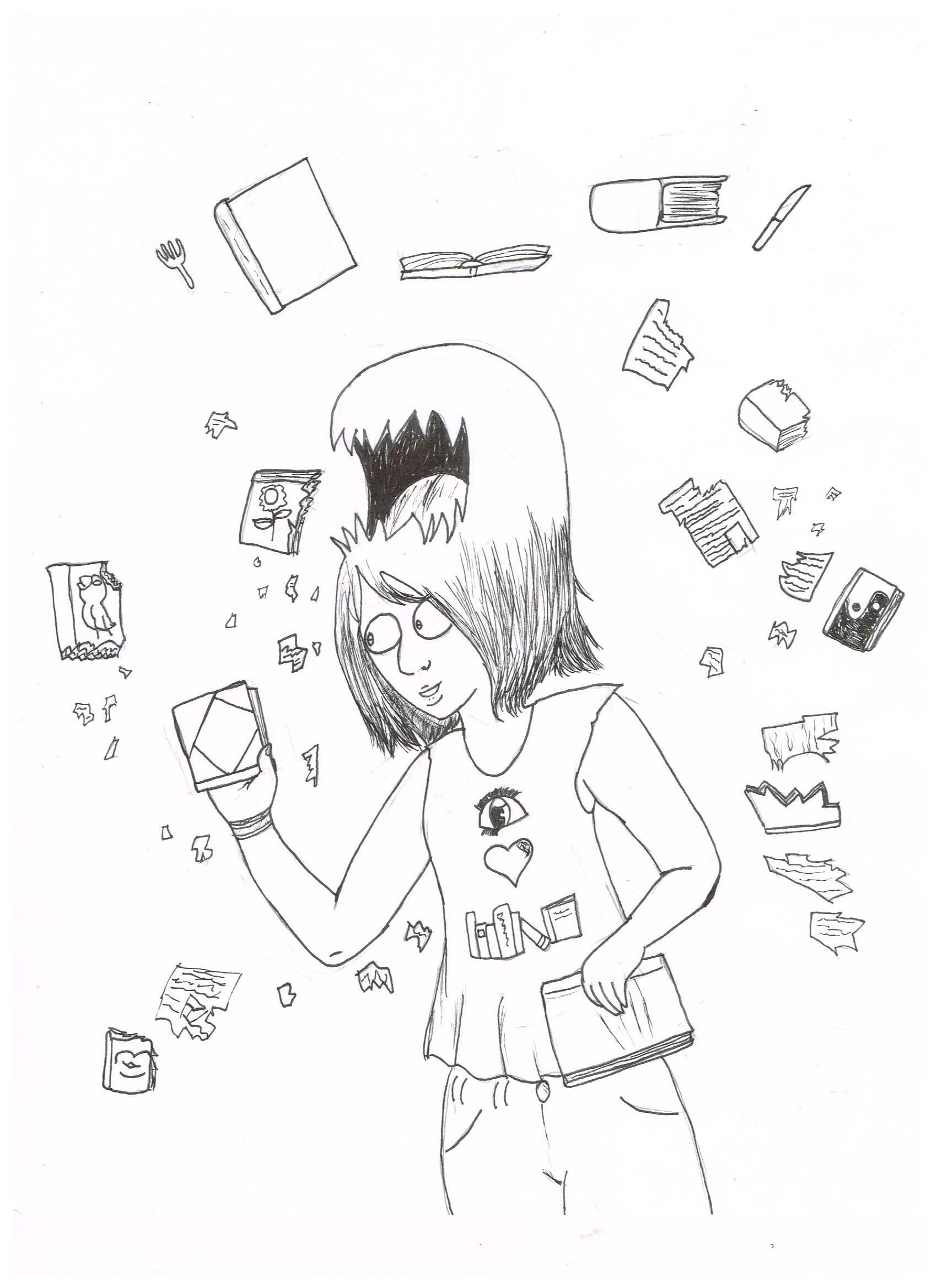 A drawing of a girl whose hair is raised forming a mouth surrounded by books missing bites and pieces of pages.