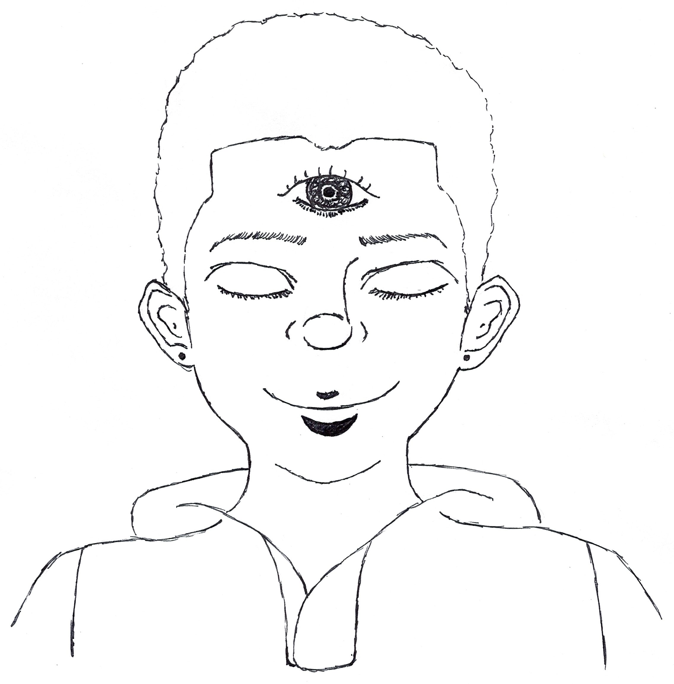 Drawing of a Young Man of Color with Eyes Closed in Meditation | A Third Eye Appears in the Middle of His Forehead