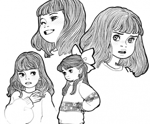 Black and white image of author's drawing from Magic Fish. Image is four separate drawings of a tween girl with various facial expressions.