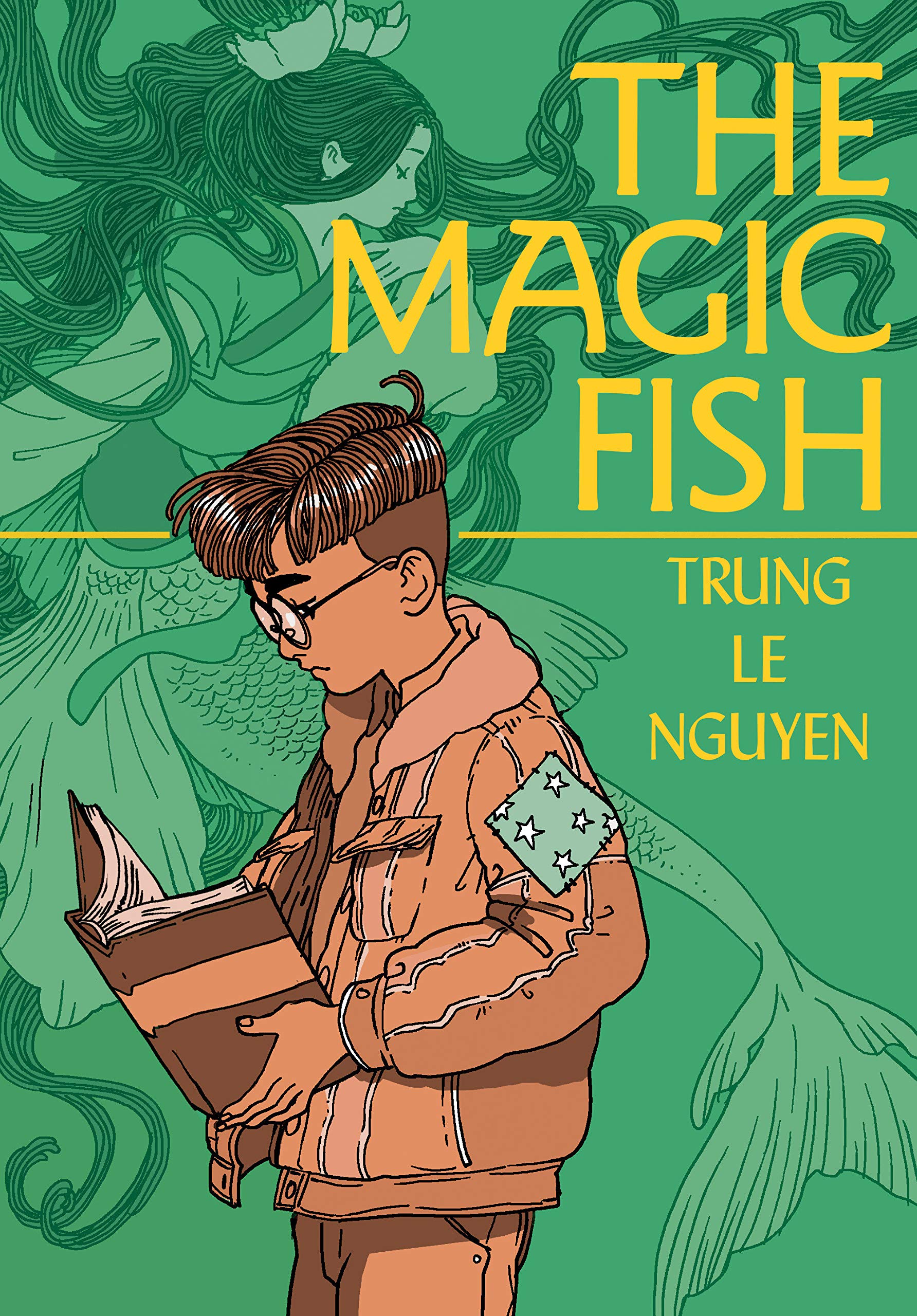 Light-green background with an image of a mermaid with long, dark hair. An Asian tween boy with glasses and a jacket stands facing the spine of the book, while holding a book. The title of the book and the author's name are written in yellow text in the upper-righthand corner.
