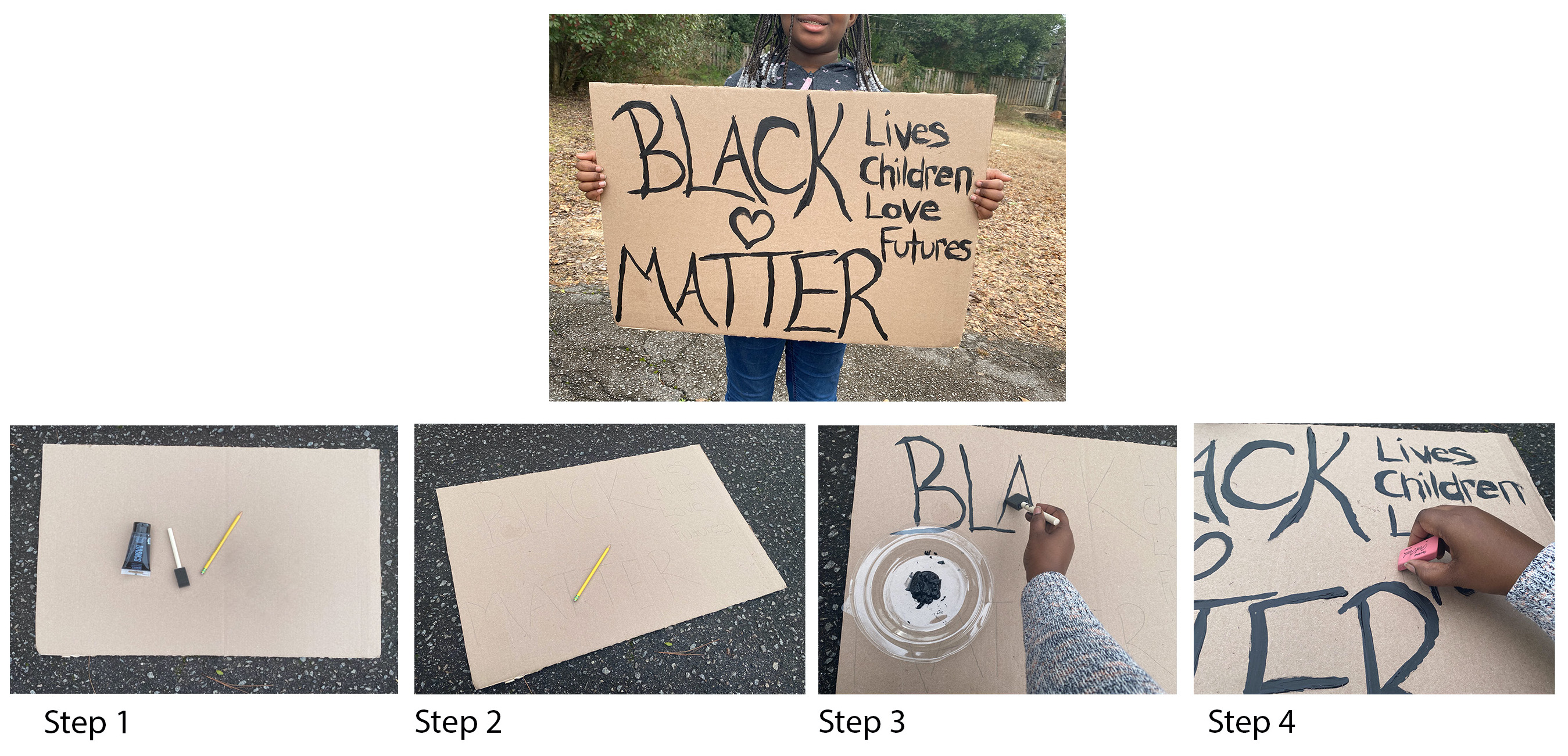 Five squares showing different steps for how to make a protest sign.