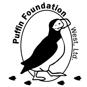 Logo for Puffin Foundation West, Ltd.  Puffin is black and white and looks to the right.  Puffin prints are on either side of the bird.