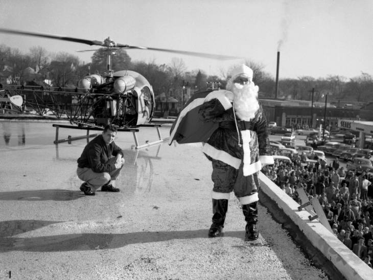 Santa in a helicopter at Sears 1955