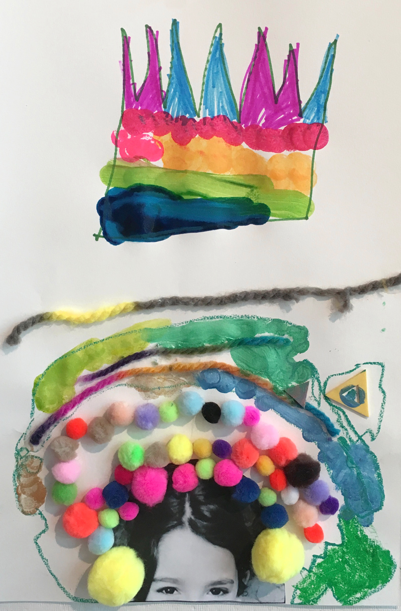 Artwork with photograph of a child at the bottom of the page  with only the eyes and forehead visible | Above is a multi-color crown, abstract scribbles and colorful pom-poms meant to represent the imagination