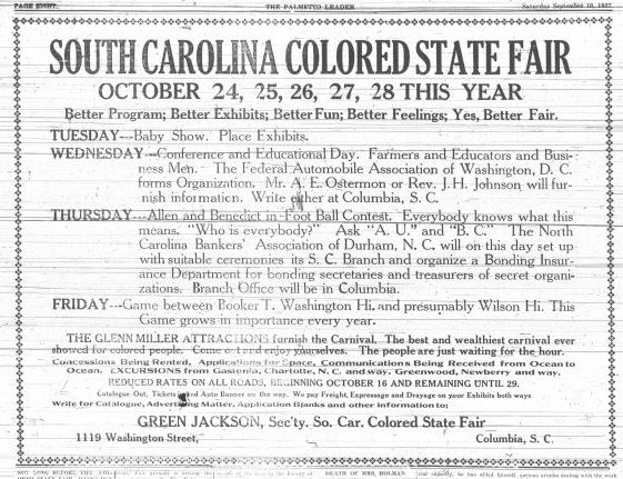 South Carolina Colored State Fair ad, Palmetto Leader, Sep 10 1927