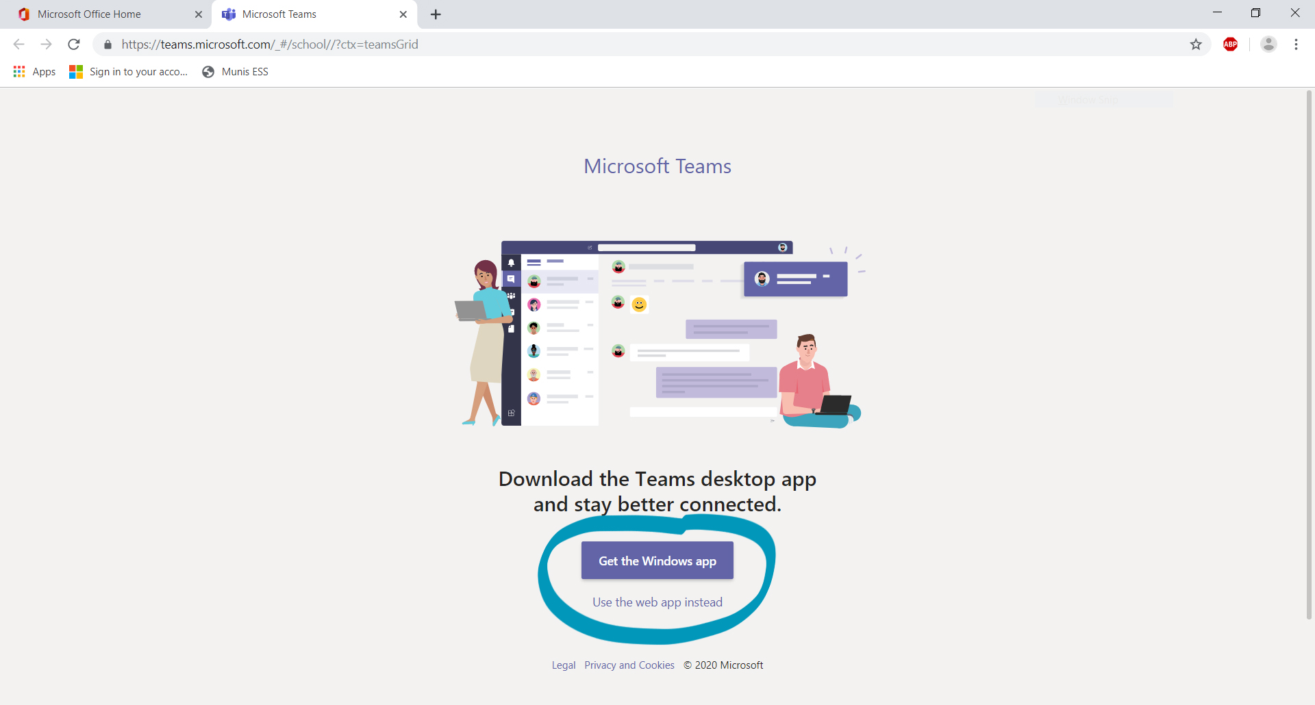 Picture of screen to launch MS Teams in browser