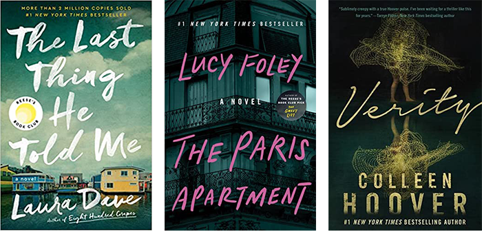 Book Covers for The Last Thing He Told Me, The Paris Apartment and Verity