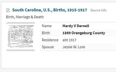 Screenshot of an Ancestry.com hint for a South Carolina birth certificate related to a person I am researching.