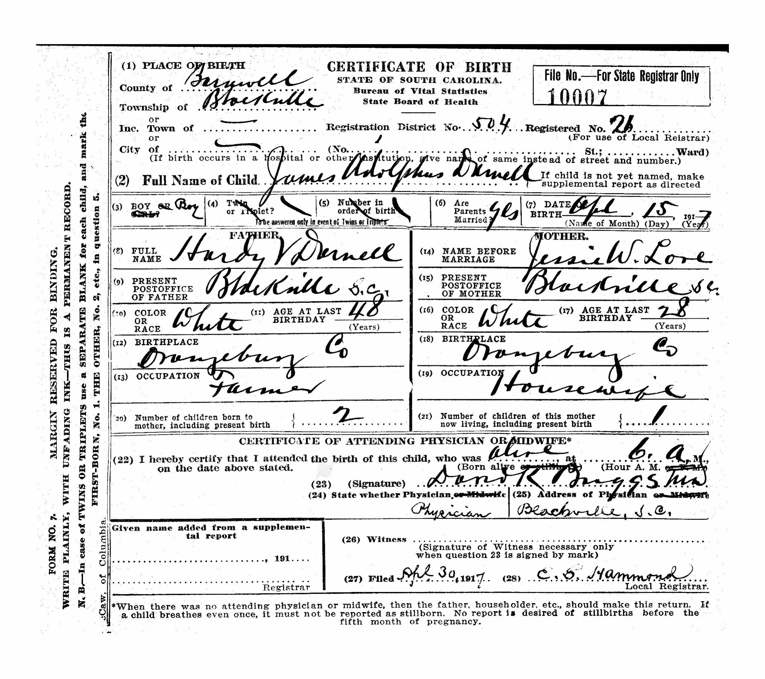 Image of a birth certificate filled out with information about the newborn and their parents.