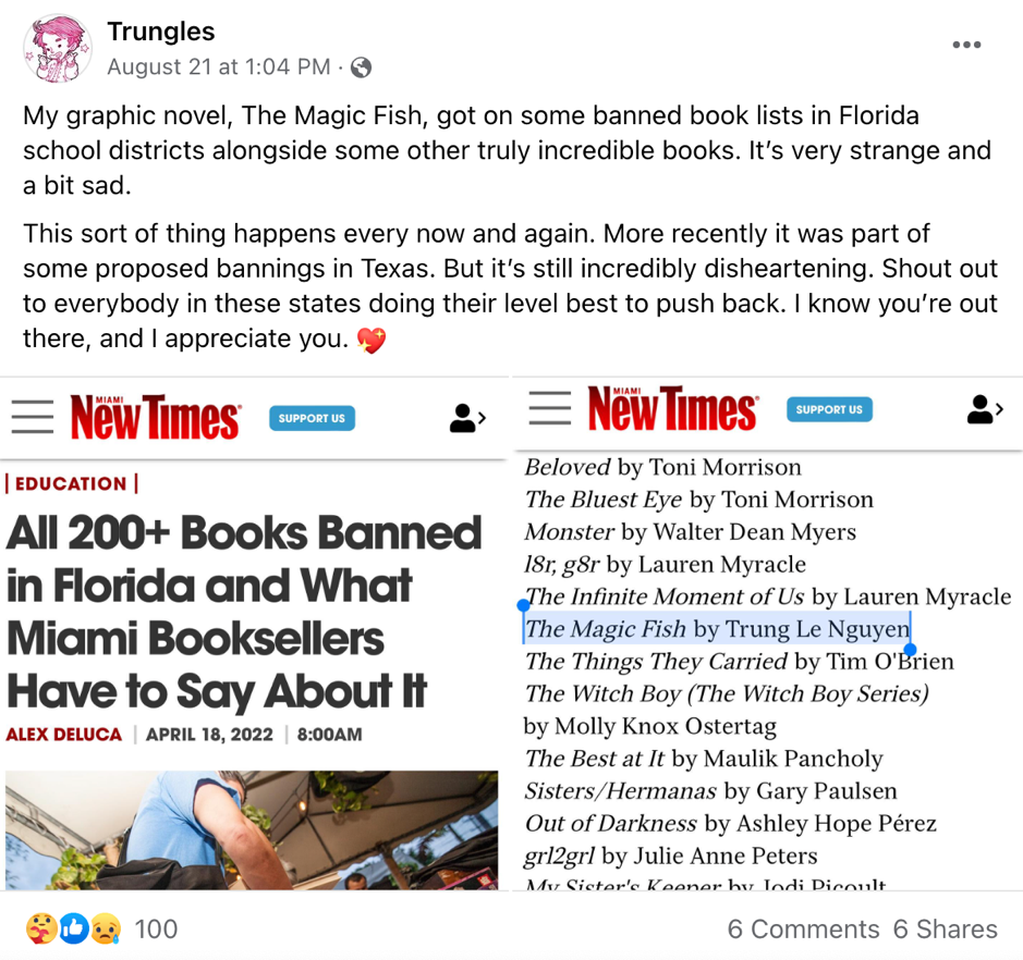 Facebook post from Magic Fish author about his book being banned in Florida and Texas. 