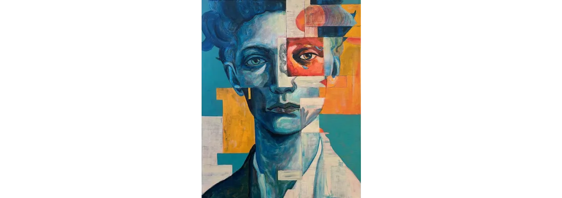 colorful but disjointed acrylic portrait of a person with blues, yellows and orange