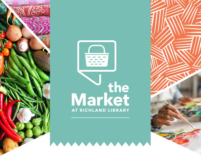 Split panels showing fresh fruits and vegetables and varying maker textures overlaid with The Market logo in white on a teal background.