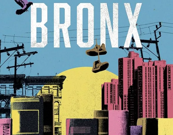 Cover of Bibliotherapy in The Bronx.  Light blue background reveals the Bronx skyline.  Yellow and pink buildings in the background transform to books in the foreground.  Phone lines and poles stretch across the cover with a pair of sneakers hanging on them.  Birds fly across the sky.  The title appears in white lettering.  