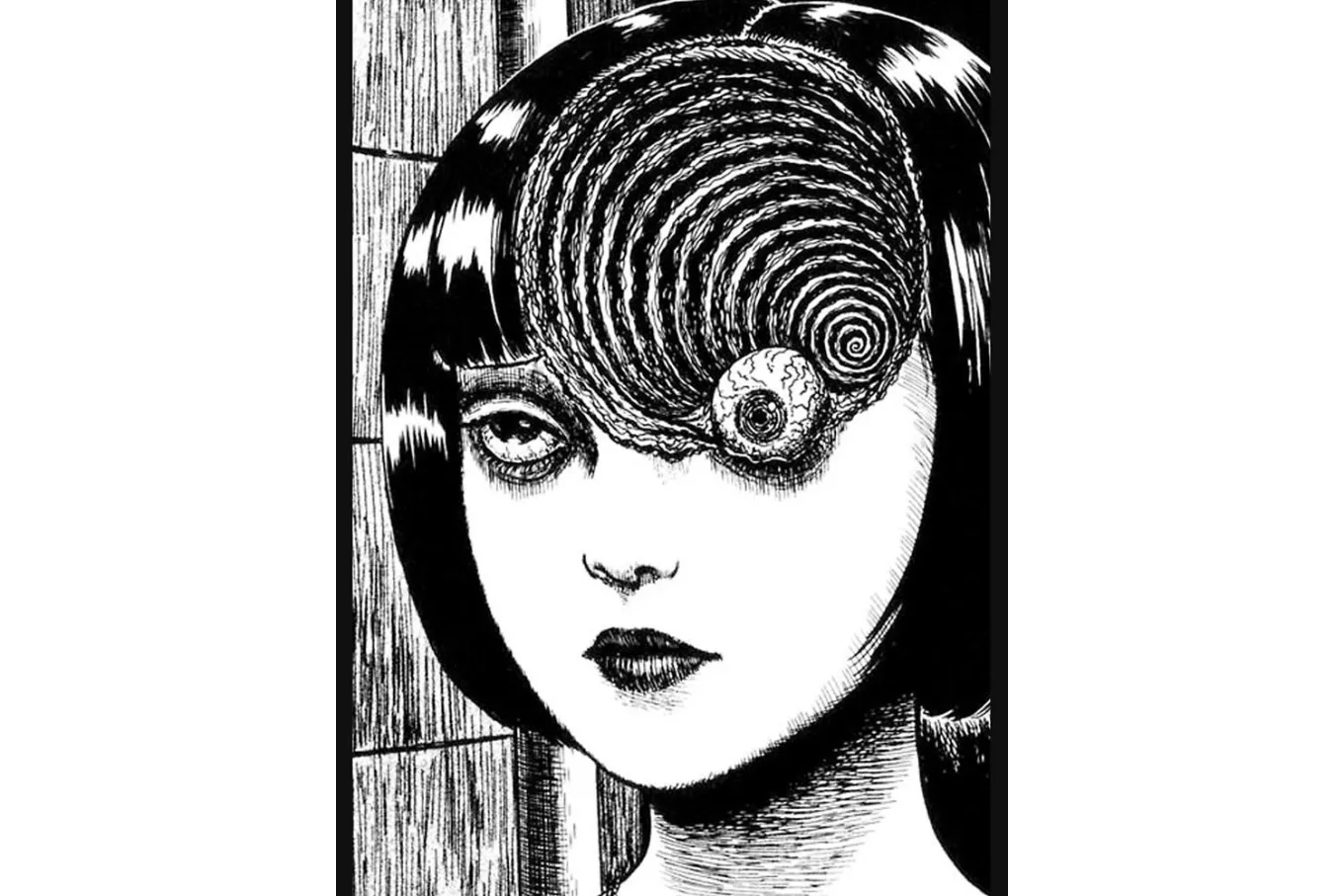 An ink drawing of a woman with a portion of her head missing, with a large spiral made out of the eye stem of the woman's fully exposed left eyeball.