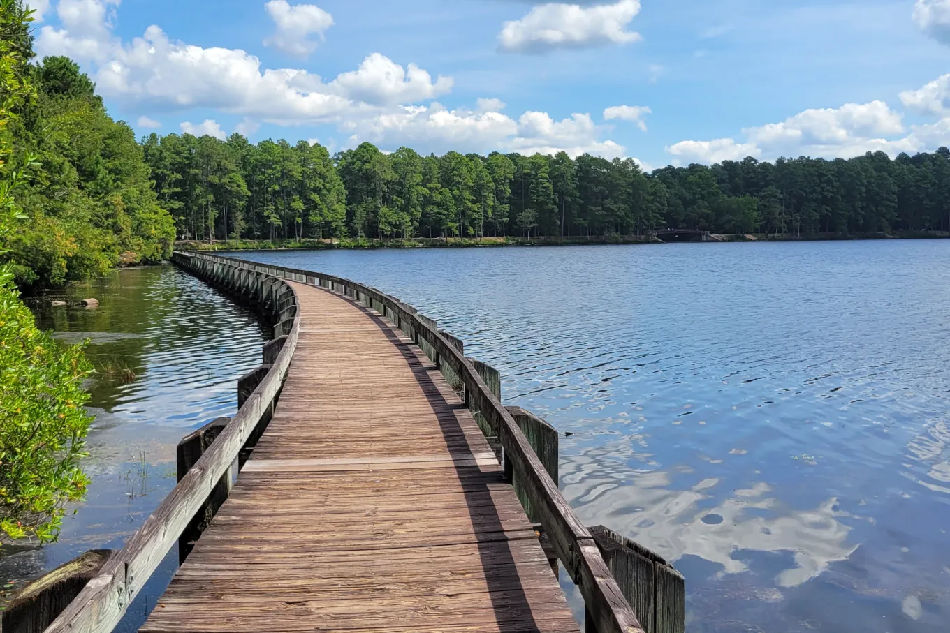 wooden walkway spanning lake