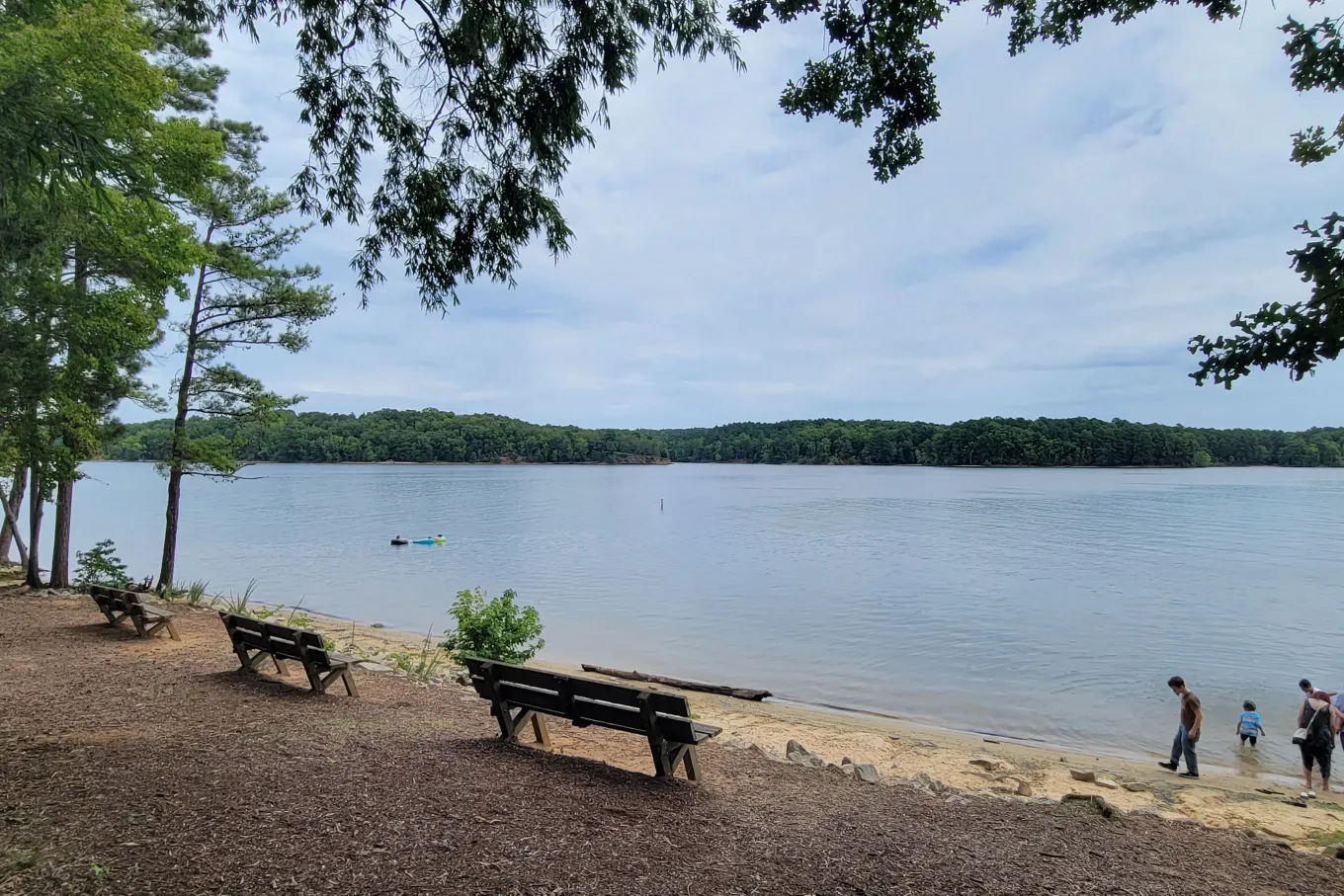 wooden bench overlooking lake with people
