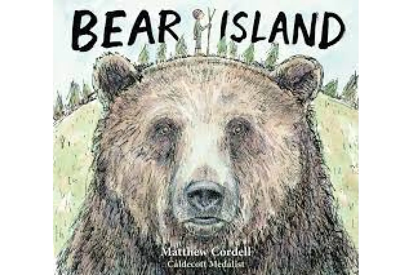 Book cover of a brown bear in front of a hill. Title, "Bear Island" is above the bear's head.