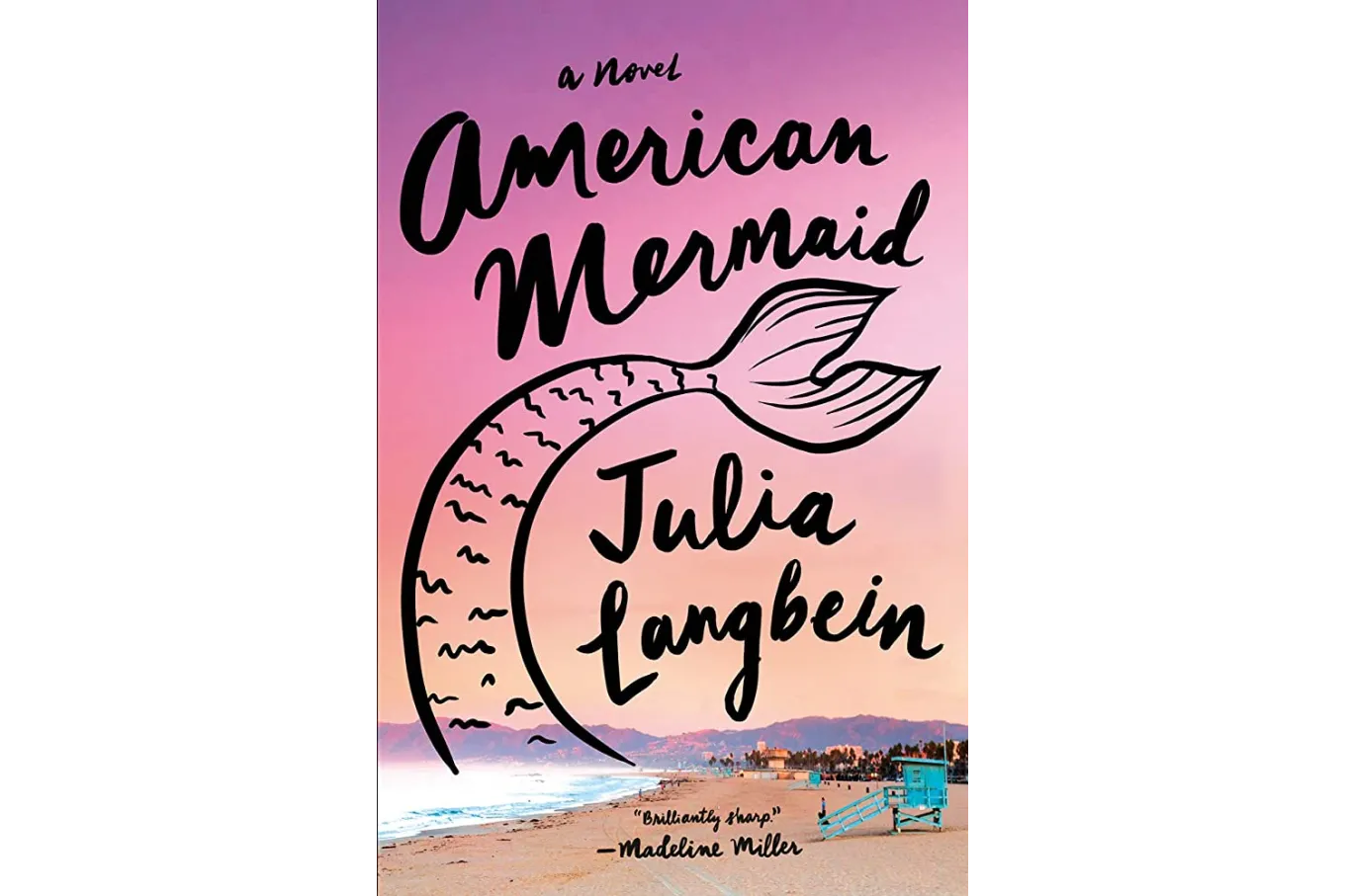 cover of novel American Mermaid. An black outline of a mermaid's tale is set on a beach background, with shades of pink and purple