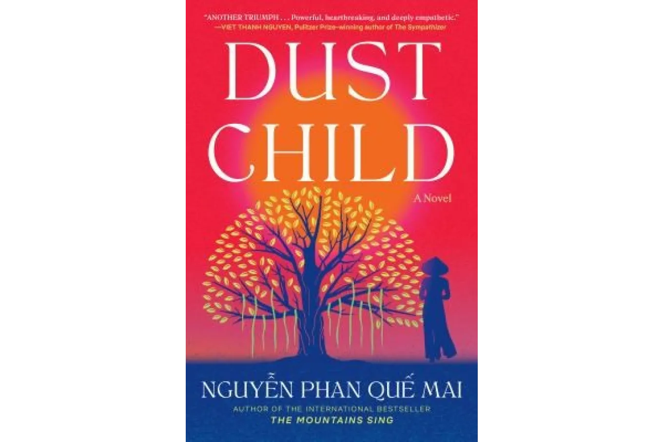 cover of Dust Child. A tree in shades of blue is centered on the cover; a person stands next to the tree. The background is a vivid red-orange.