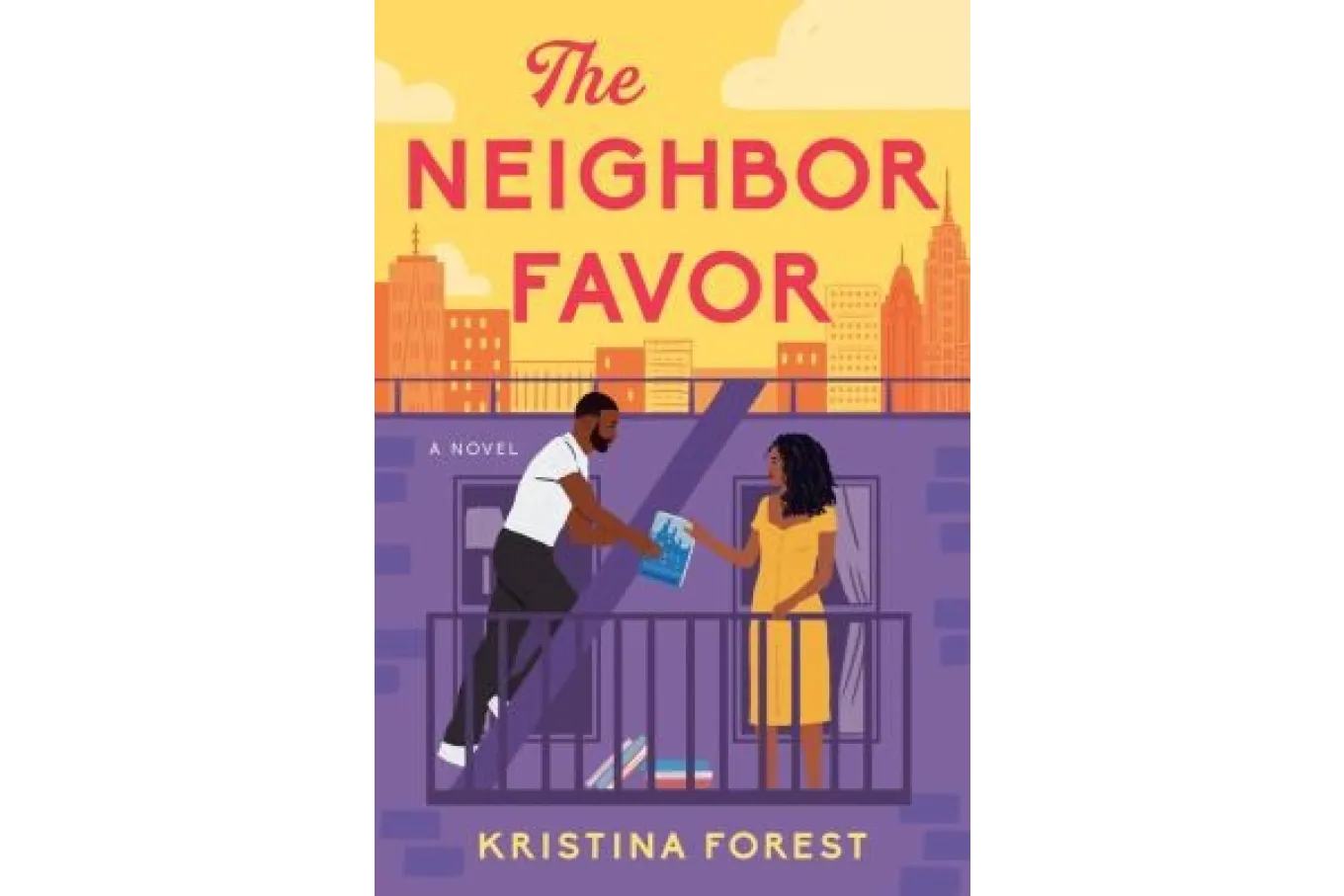 cover of The Neighbor Favor. A Black couple is on a fire escape with a yellow and purple background. They are exchanging books.