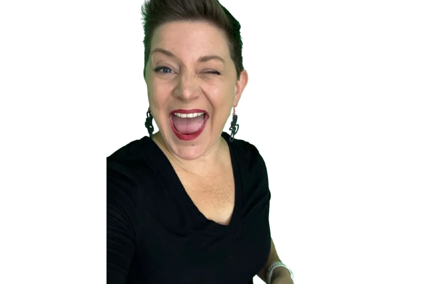 Artist headshot of Ivey, S. Smiling and winking at the camera in black attire.