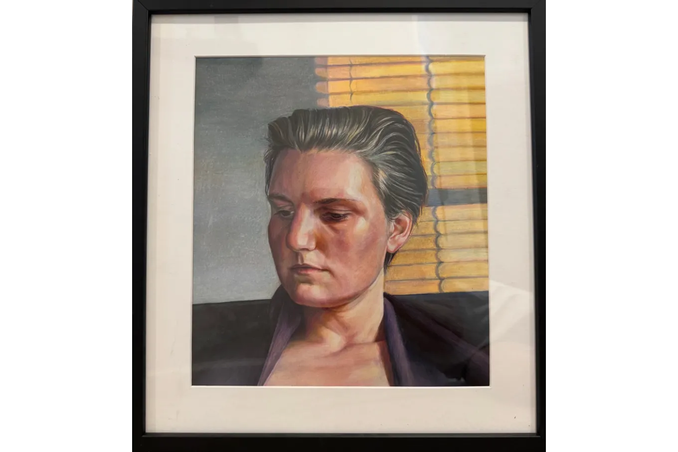 a painted portrait of a person with short cropped hair, their gaze looking away from the center. Window blinds are illuminated from sunlight behind them.