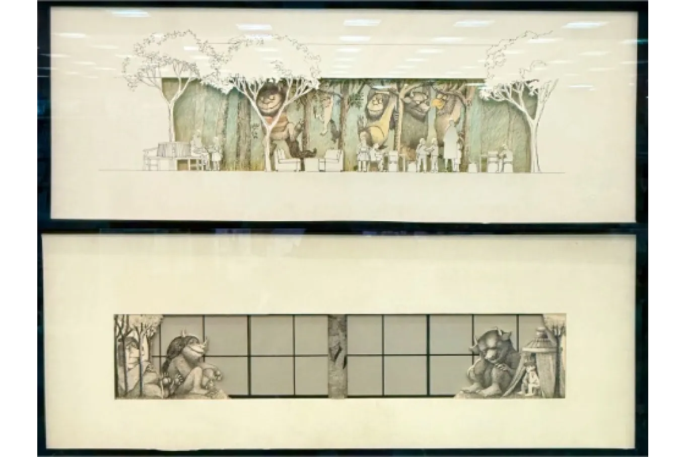 These two long, framed illustrations reference Where the Wild Things Are, blending detailed forest imagery. 