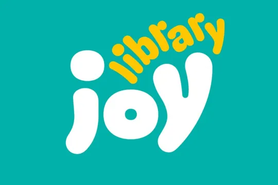 Teal background with logo that says library joy.