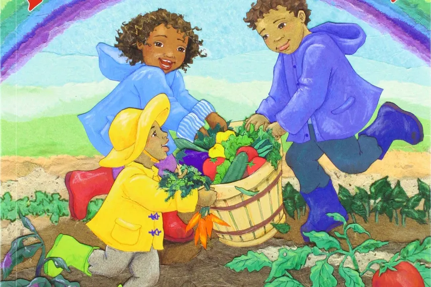 Cover of Rainbow Stew featuring a rainbow and three Black children playing in a garden wearing raincoats and holding a basket of vegetables.
